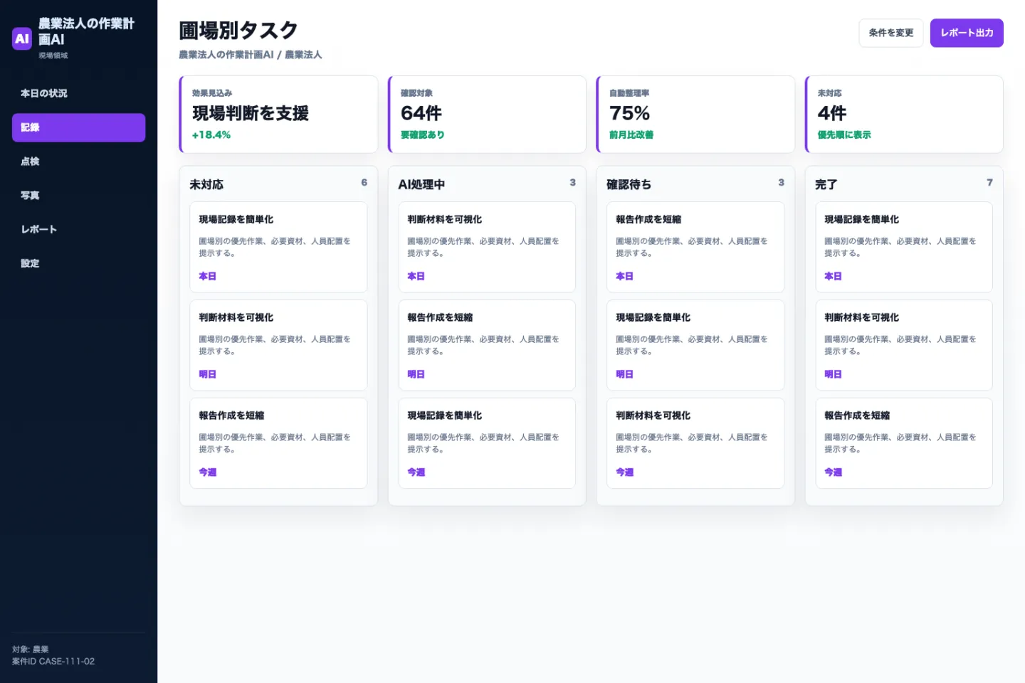 農業法人の作業計画AIの圃場別タスク画面のイメージ