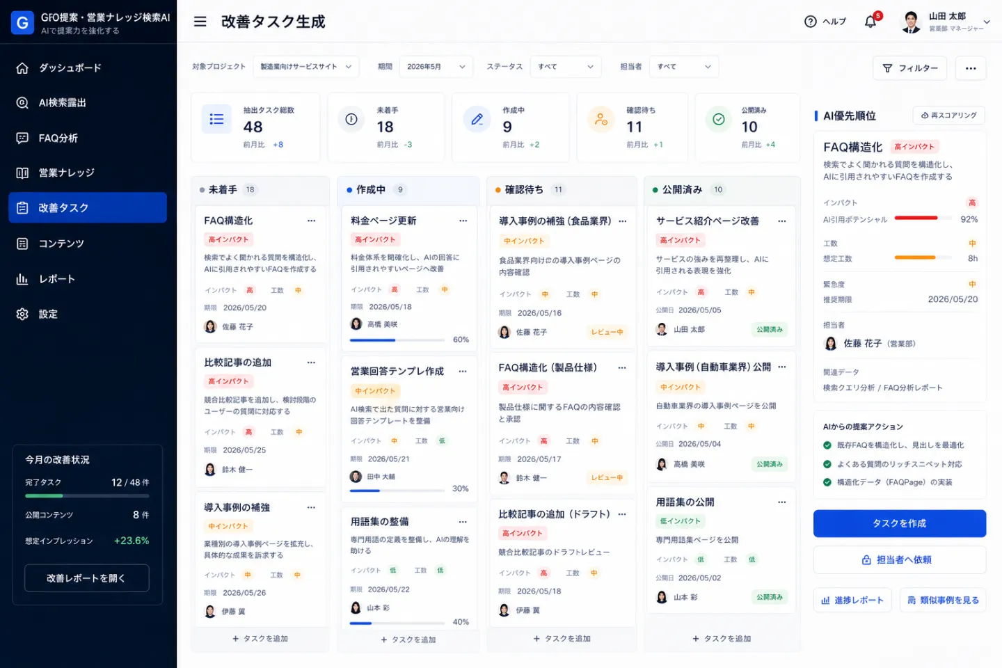 GEO提案・営業ナレッジ検索AIの改善タスク生成画面のイメージ