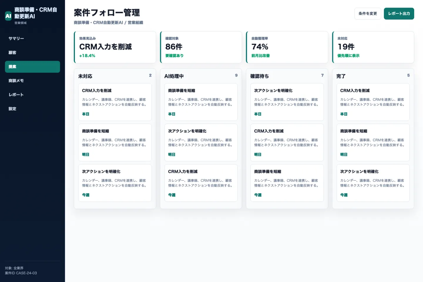 商談準備・CRM自動更新AIの案件フォロー管理画面のイメージ