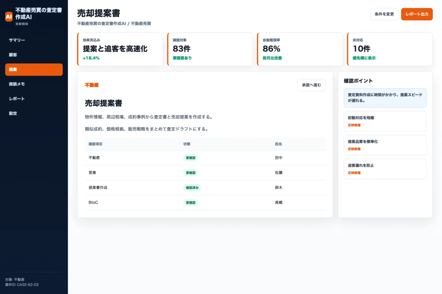 不動産売買の査定書作成AIの売却提案書画面のイメージ
